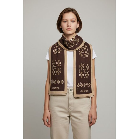 Chanel Brown & Beige Scarf With Four Leaf Clover Pattern - Picture 1 of 9